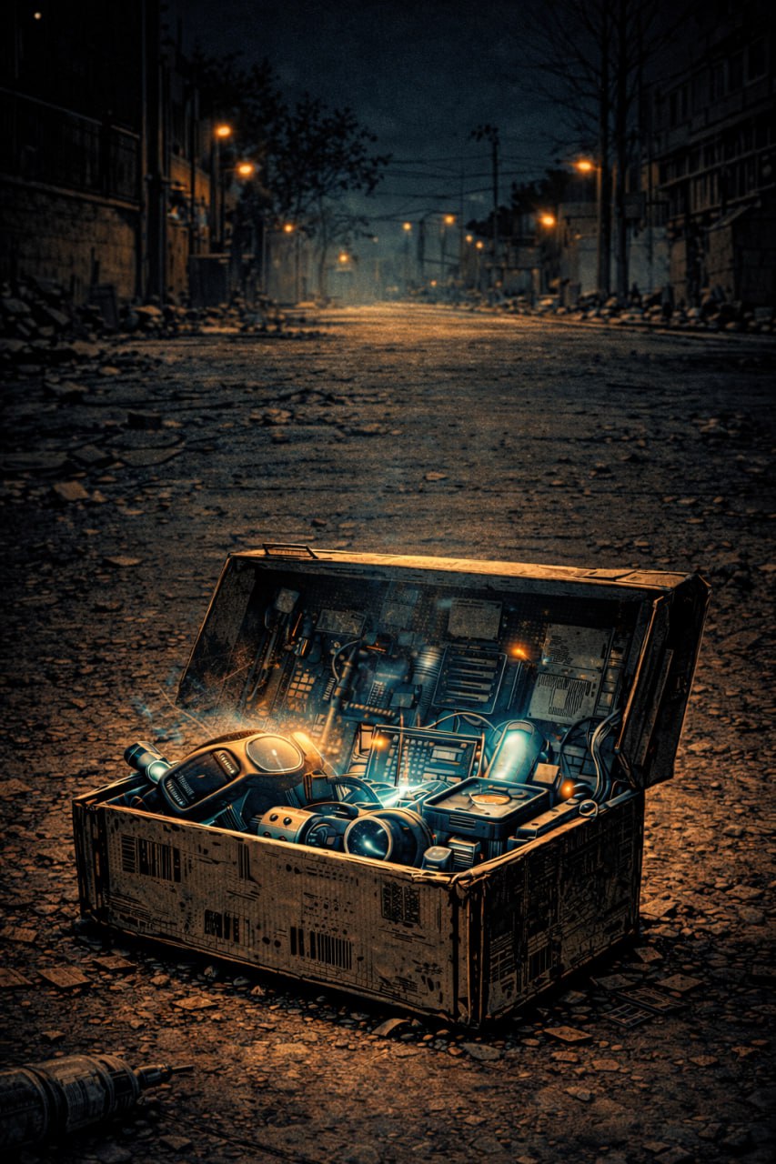 RINE game screenshot — glowing tech chest at night